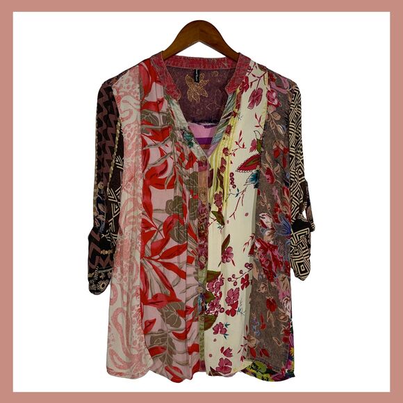 Sacred Threads Patchwork Boho Floral Tunic Top Multicolor Hippie Colorful Size M - Picture 1 of 8